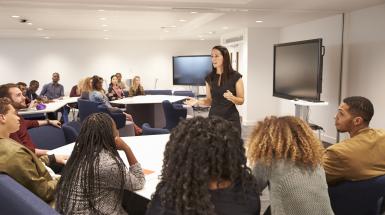 adult woman speaking before other adults in boardroom or classroom